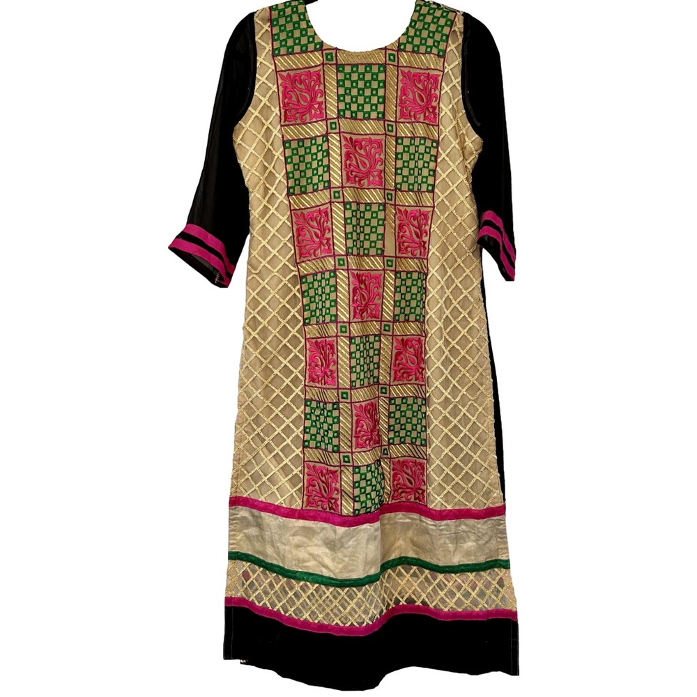 Indian Pakistani Custom Rhinestone Embroidered Kurta Tunic Top Medium Black Gold - Picture 3 of 11